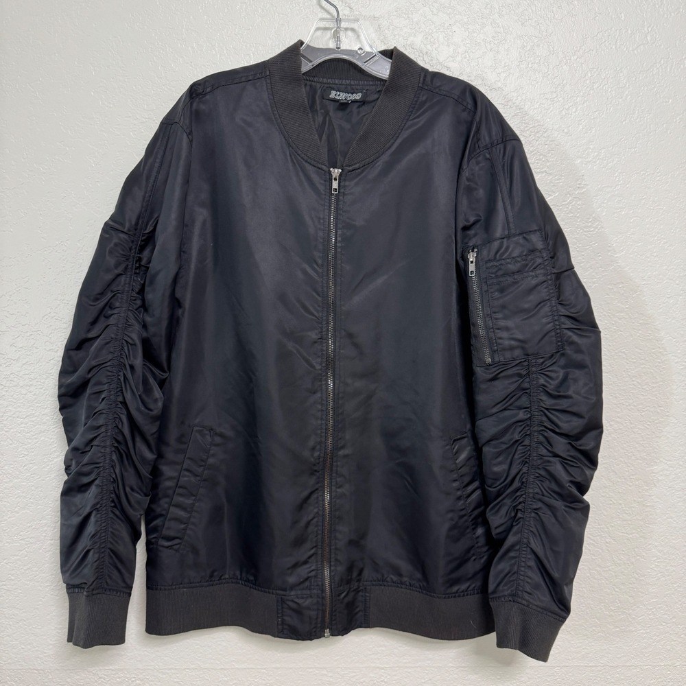 Elwood Bomber Jacket Mens Large Black Nylon Ruched Sleeve Lightweight Satin
